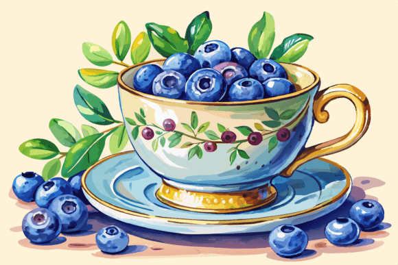 Download Teacup with Blueberries Watercolor - Blueberries Collection