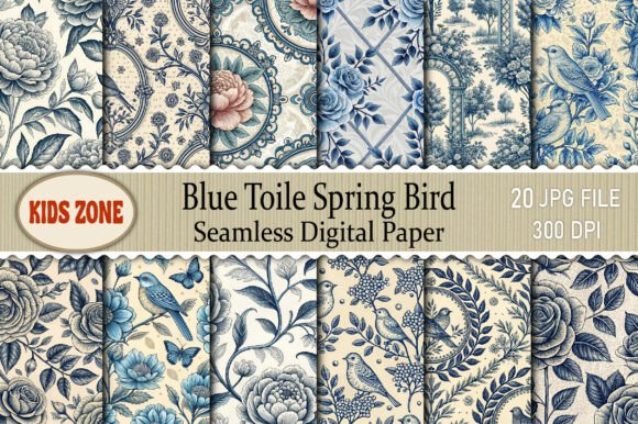 Download Blue Toile Spring Bird Seamless Digital - Spring bird Collection