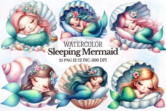 Download Watercolor Sleeping Mermaid Clipart Set - Mermaid Collection