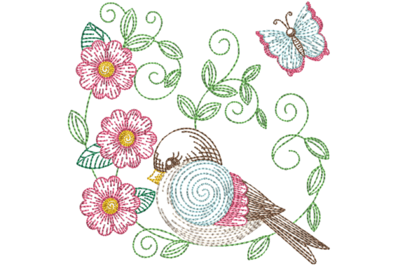 Download Spring Bird and Flowers Embroidery File - Spring bird Collection