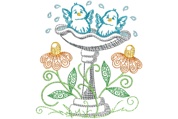 Download Spring Bird Bath Embroidery Design - Spring bird Collection